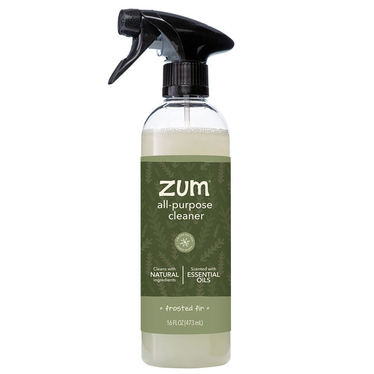 A 16 oz clear plastic spray bottle of Zum All-Purpose Cleaner with a black trigger sprayer and a frosted green label, shown on a plain white background.