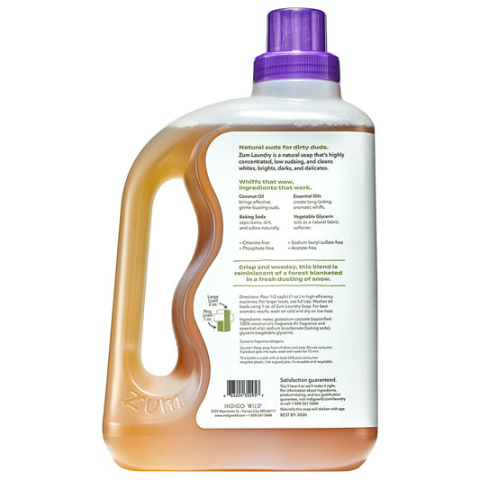 Labeled bottle of laundry detergent with a purple cap on a white background