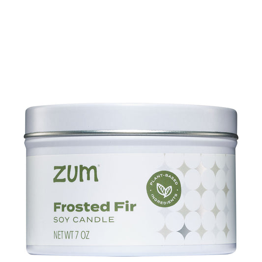 Zum Frosted Fir soy candle jar on a white background