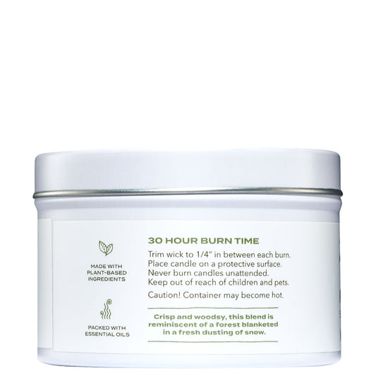 White candle container with text on a white background