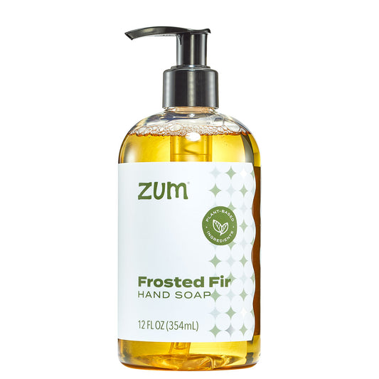 Zum Frosted Fir hand soap bottle on a white background