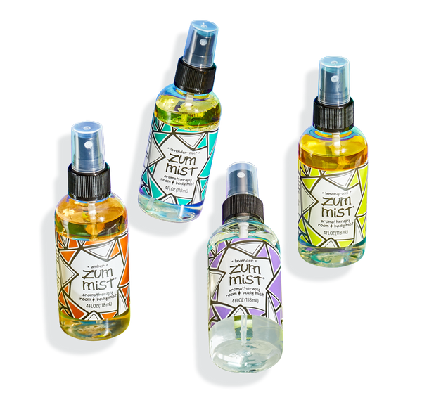 Amber, Lavender-Mint, Lavender, Lemongrass room & body mist spray bottles.
