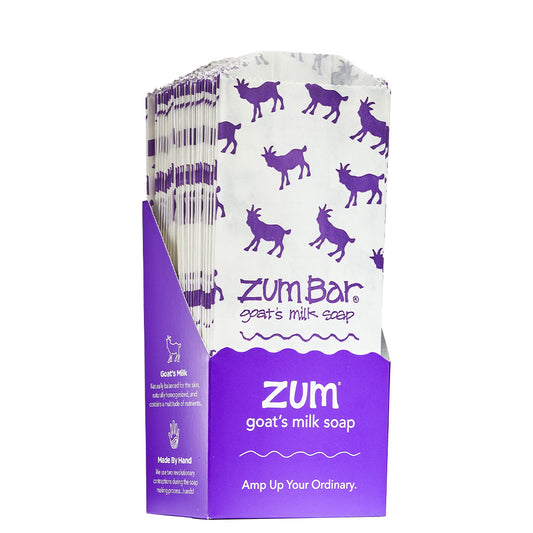 white bags with purple goats on them with purple bag holder.