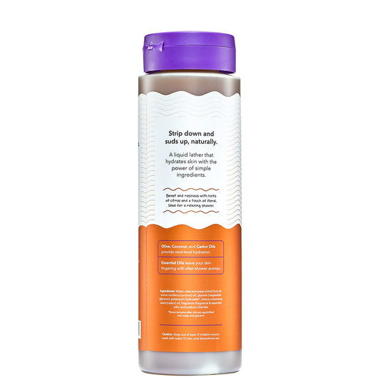 Bottle of liquid soap with a purple cap on a white background