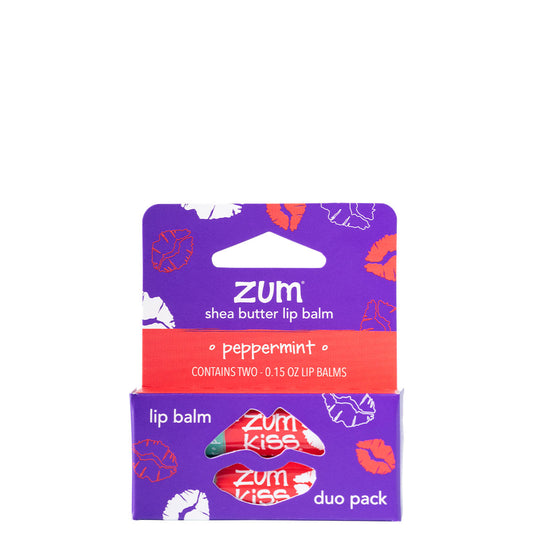Zum shea butter lip balm duo pack with purple and red design on a white background