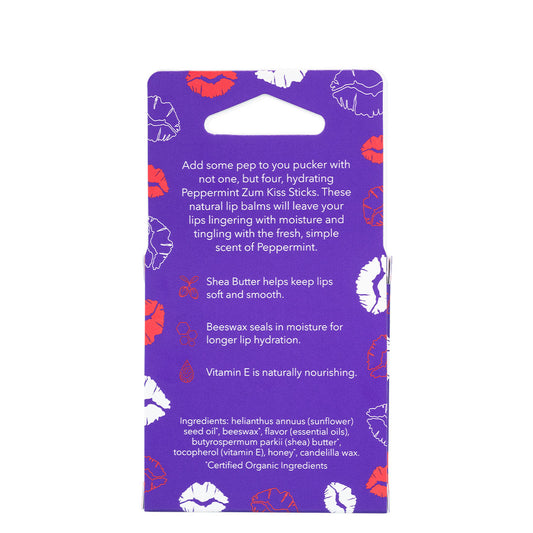 Purple packaging with lip designs and text on a white background