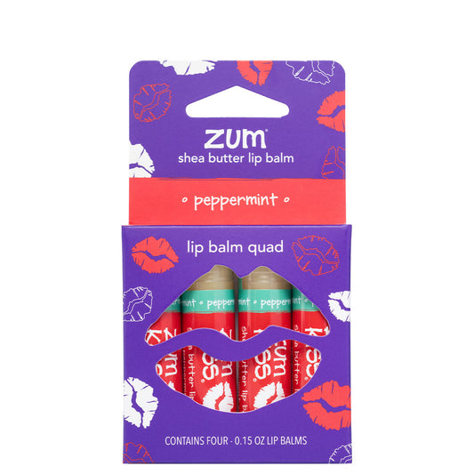 Packaging of Zum shea butter lip balm quad with purple and red design.