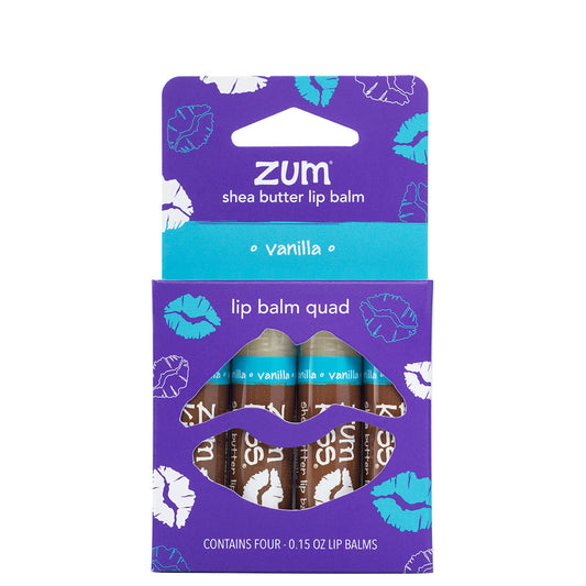 Packaging of Zum shea butter lip balm quad with purple and blue design.