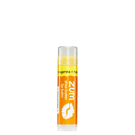 0.15 tube stick of Zumbo Kiss shea butter lip balm in the flavor Tangerine. Label colors are orange and yellow.
