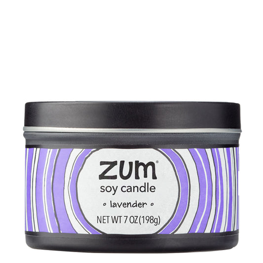 Side view 7 oz Lavender Candle in a black tin with purple and white label that has circular designs.