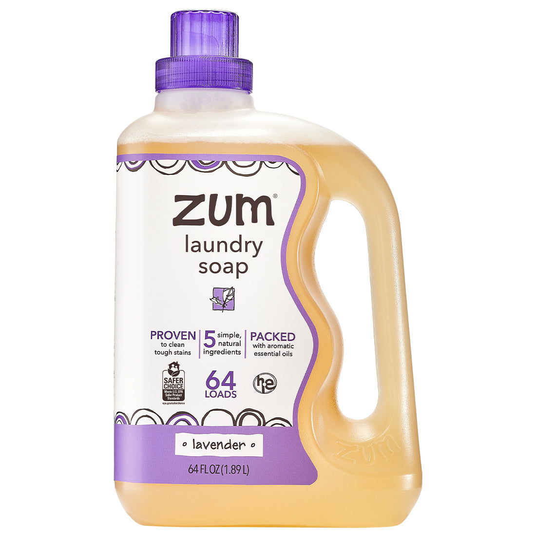 Plastic bottle with wavy edge, handle and screw top cap containing lavender laundry soap liquid