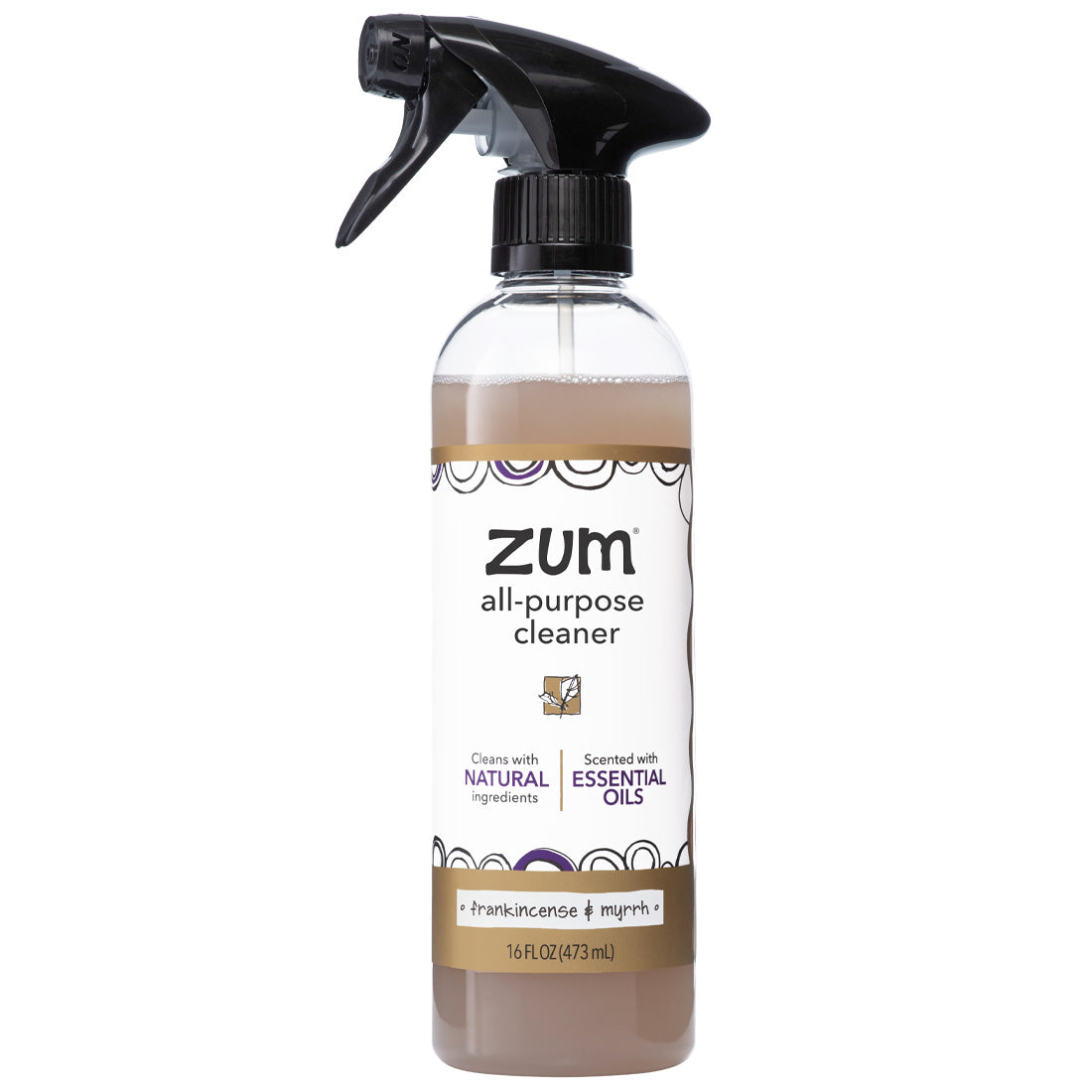 Labeled bottle with spray top containing frankincense and myrrh all-purpose cleaner