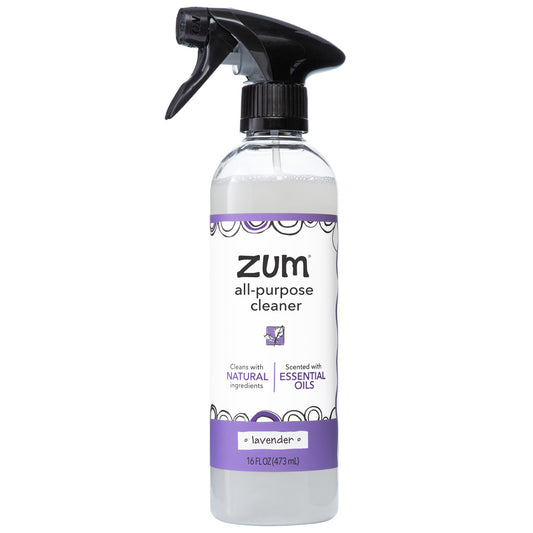 Round cylinder bottle with sprayer top containing lavender scented all-purpose cleaner.