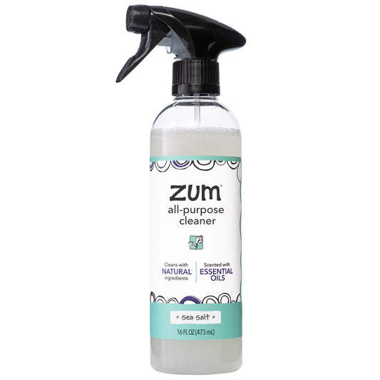 Round bottle with sprayer top containing sea salt scented all-purpose cleaner.