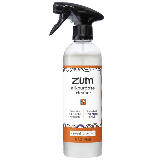 Round cylinder bottle with sprayer top containing Sweet Orange scented all-purpose cleaner.