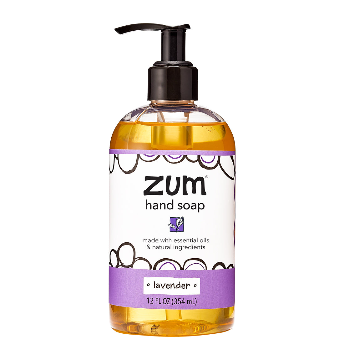 Round bottle with dispensing pump top that contains lavender scented liquid hand soap.