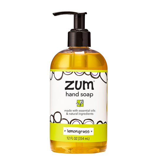 Round bottle with dispensing pump top that contains lemongrass scented liquid hand soap.