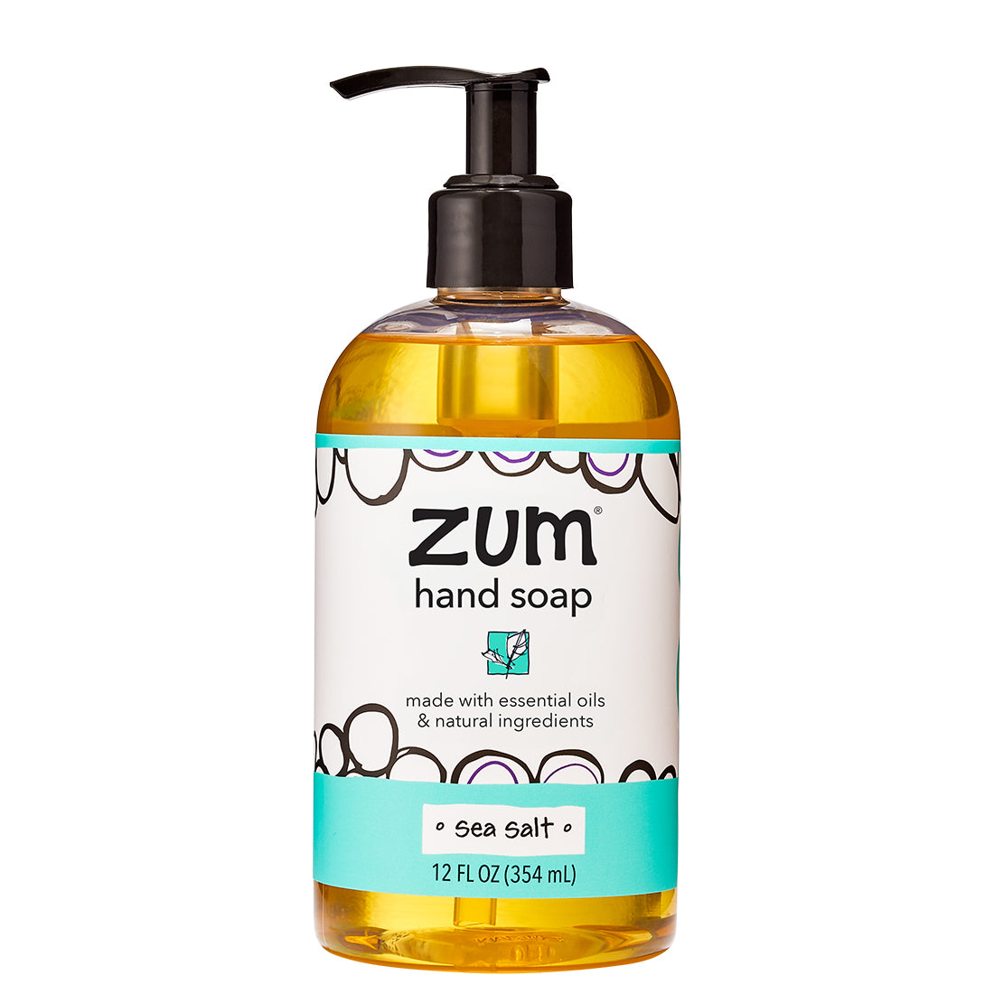 Round bottle with dispensing pump top that contains sea salt scented liquid hand soap.