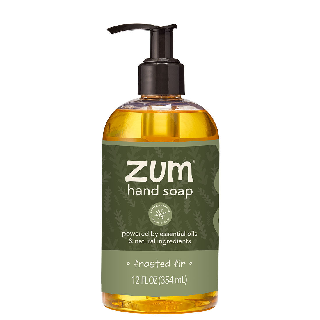 A 12 fl oz bottle of Zum Hand Soap in the frosted fig scent, featuring a dark olive green label and a black pump dispenser, filled with amber-colored liquid, on a solid white background.