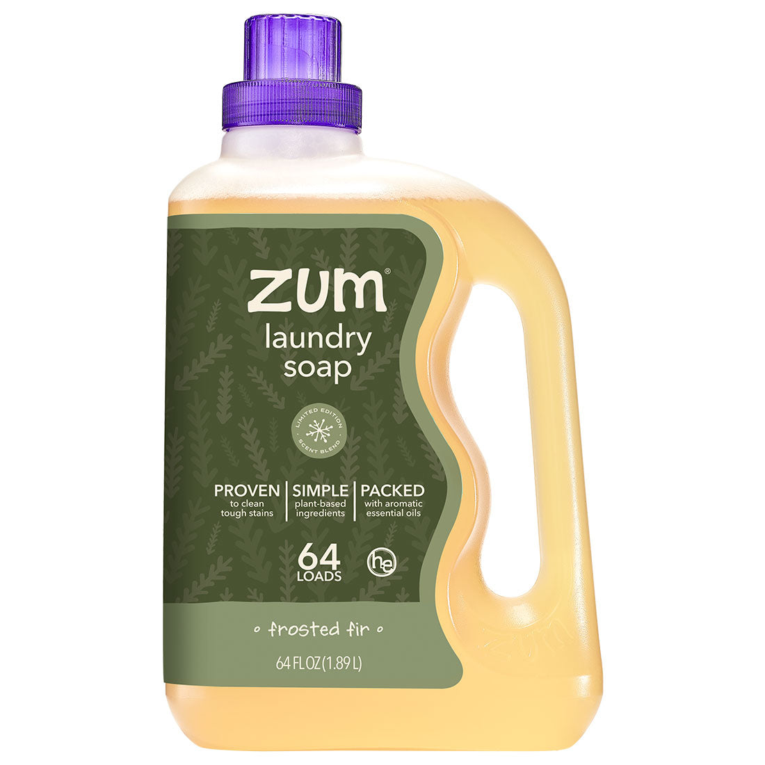 A 64 fl oz bottle of Zum Laundry Soap in frosted pine scent, featuring a translucent yellow liquid, a dark green label, and a purple cap, set against a plain white background.