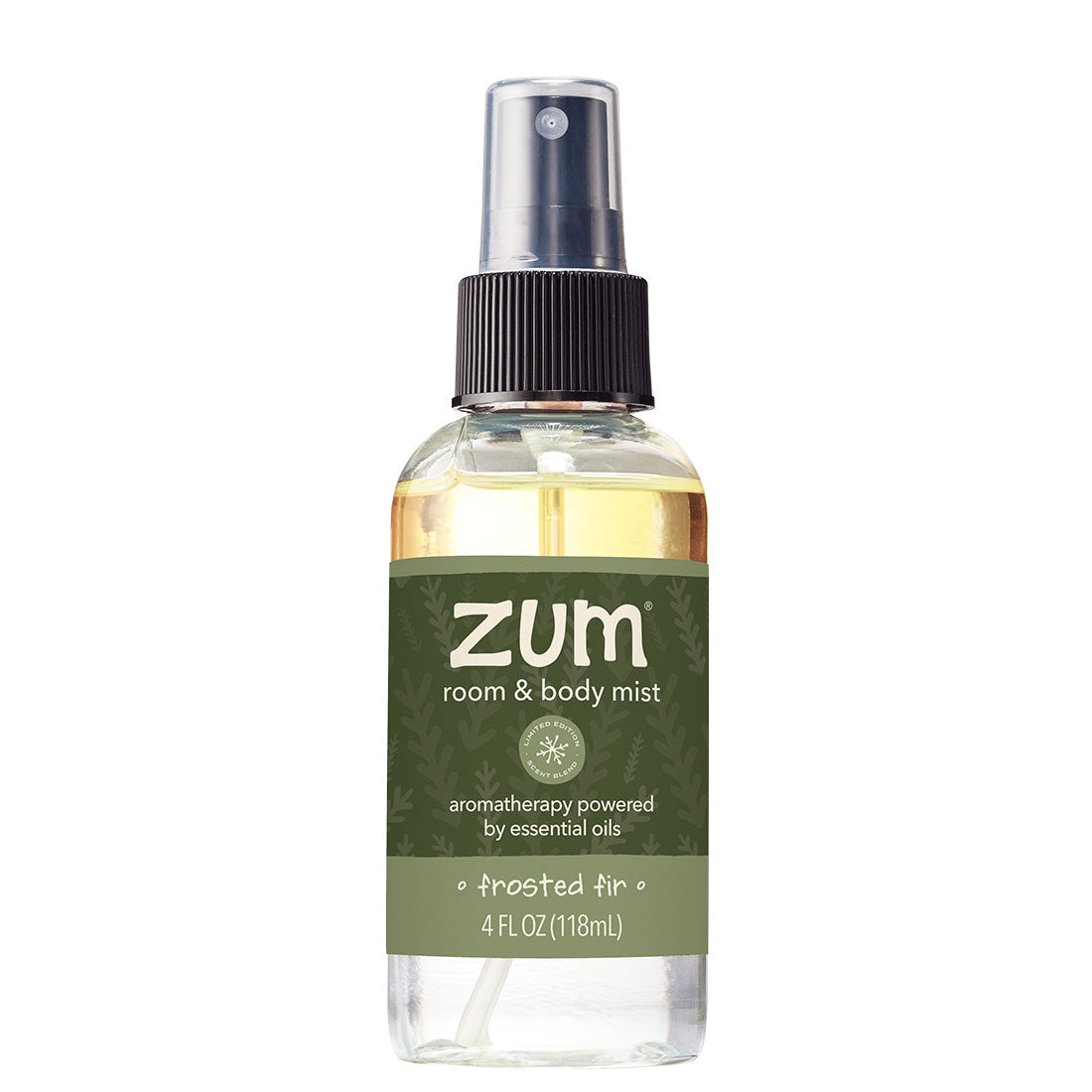 A 4 fl oz clear bottle of Zum Room & Body Mist in the 'Frosted Air' scent, featuring a dark olive green label and a black spray nozzle, set against a plain white background.