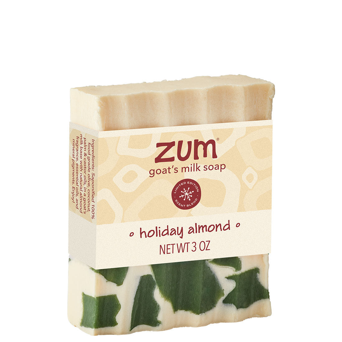 A 3 oz bar of Zum Goat's Milk Soap in the Holiday Almond scent, featuring a cream-colored bar with green and white marbled pattern details and a beige paper label.