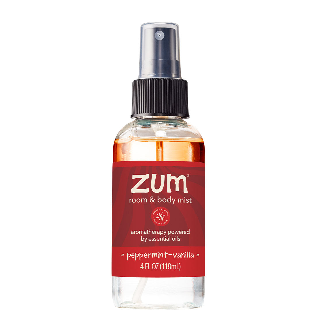 A clear room and body mist bottle with a black spray cap and a red label reading 'zum room & body mist' and 'peppermint-vanilla'.