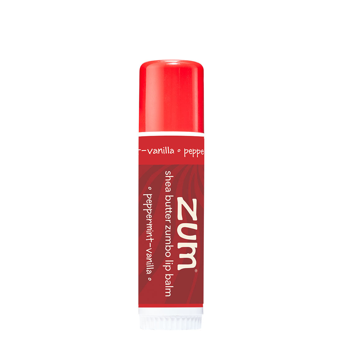 A red tube of ZUM Shea Butter Zumbo Lip Balm in peppermint-Vanilla flavor, shown on a clean white background with a subtle reflection.