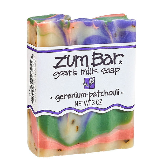 Purple, Green, and Pink Swirled Zum Bar with label. Scented Geranium-Patchouli.