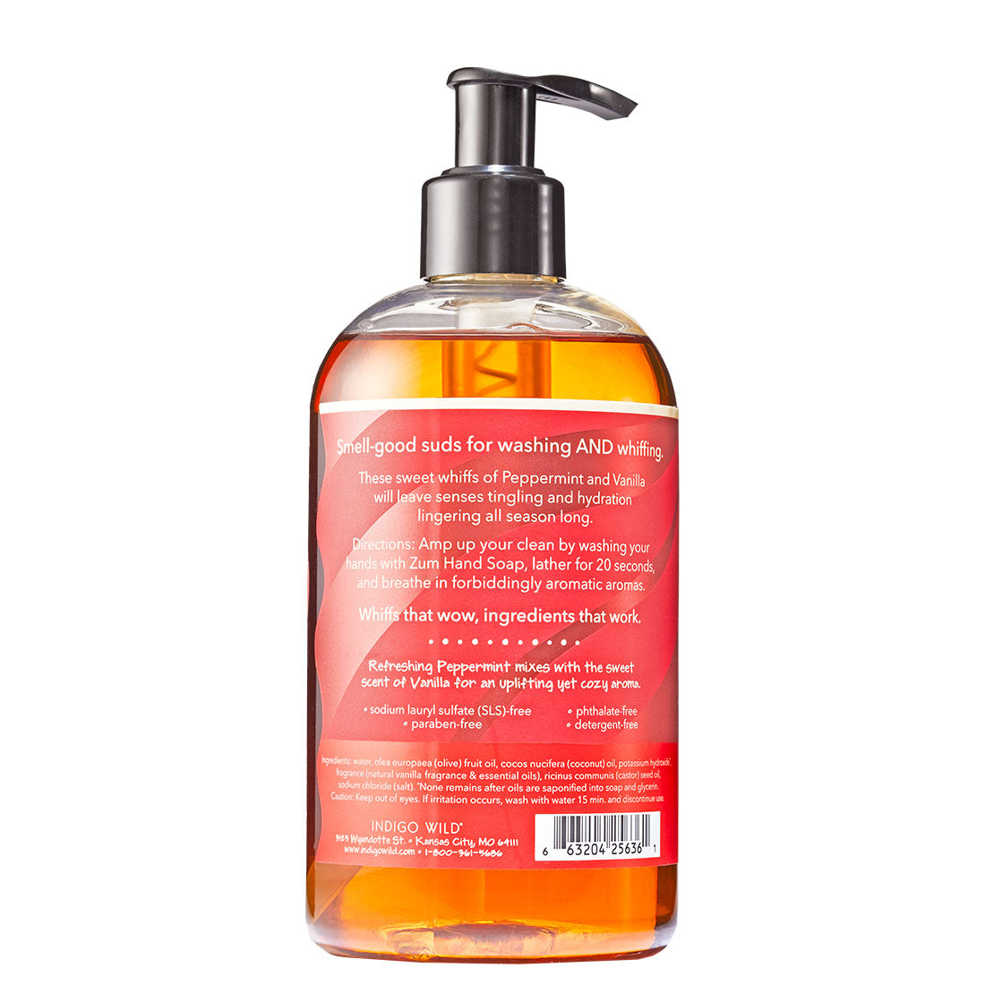 Back of Peppermint-Vanilla Zum Hand Soap in a clear bottle with red label wrapped around.