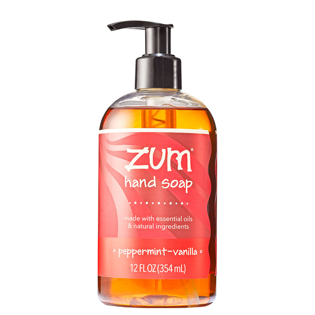 Front of Peppermint-Vanilla Zum Hand Soap in a clear bottle with red label wrapped around.