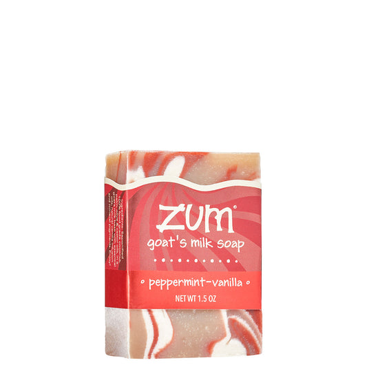 cream and red swirled mini soap bar with red label wrapped around.