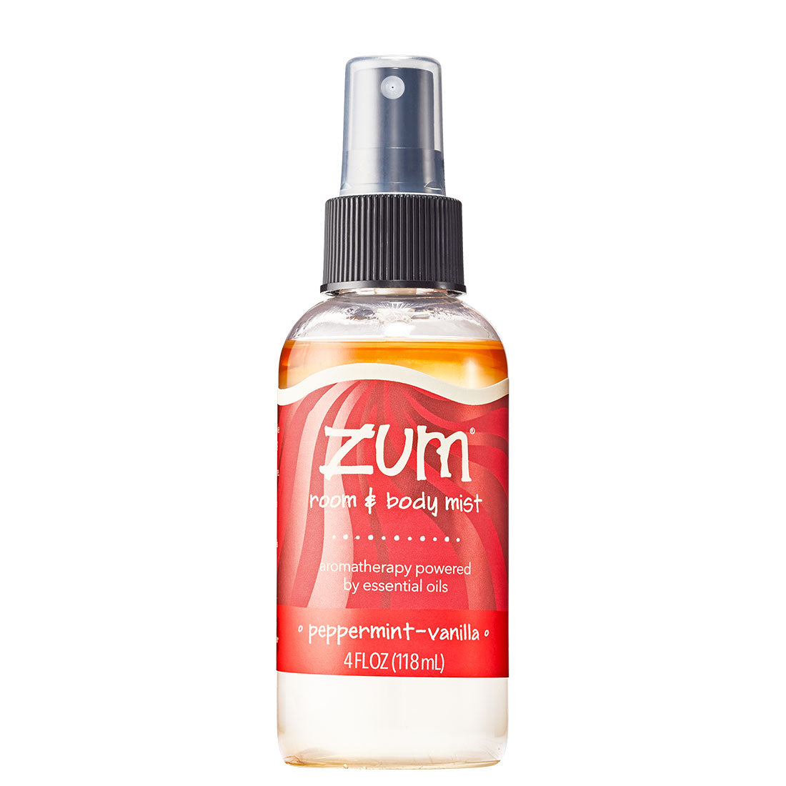 Zum Mist in clear spray bottle with essential oils on surface. Red label wrapped around bottle.