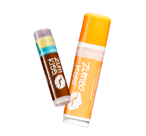 Vanilla 0.15 oz. lip balm stick and Almond-Orange 0.5 oz. lip balm tube.