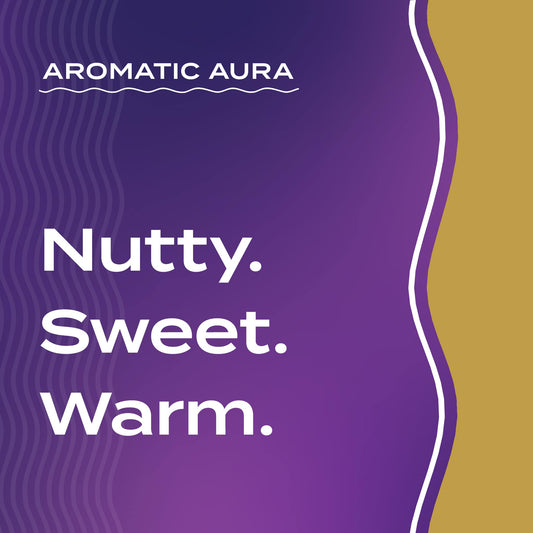 Text graphic depicting the aromatic aroma of Almond: Nutty, Sweet, Warm.