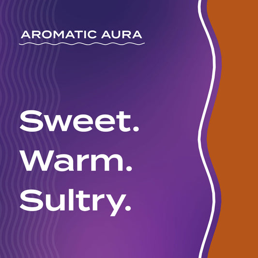 Text graphic depicting the aromatic aroma of Amber: sweet, warm, and sultry.