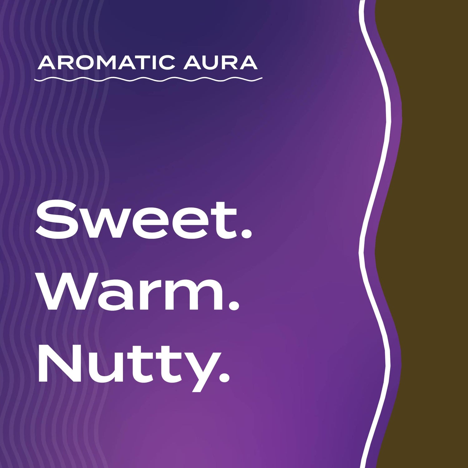 Text graphic depicting the aromatic aroma of Coffee-Almond: Sweet, Warm, Nutty.