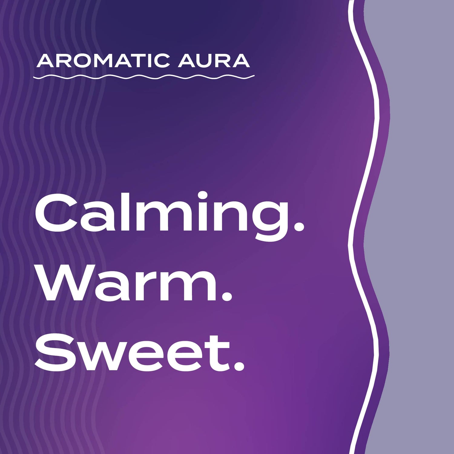 Text graphic depicting the aromatic aroma of Frankincense-Lavender: Calming, Warm, Sweet.