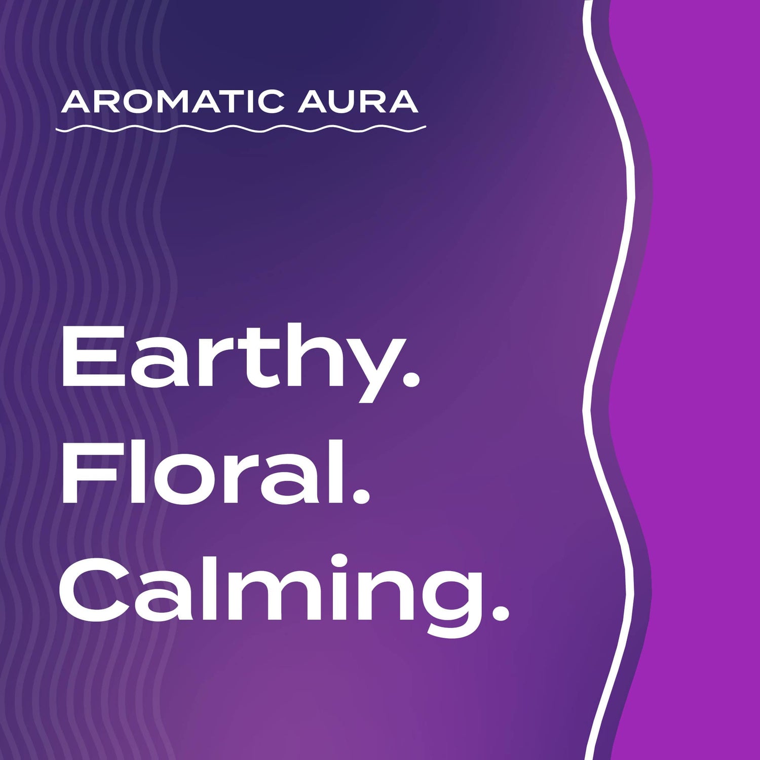 Text graphic depicting the aromatic aroma of Lavender-Lemon & Patchouli: Earthy, Floral, and Calming.