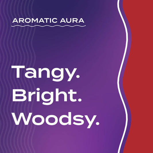 Text graphic depicting the aromatic aroma of Sandalwood-Citrus: tangy, bright, and woodsy.