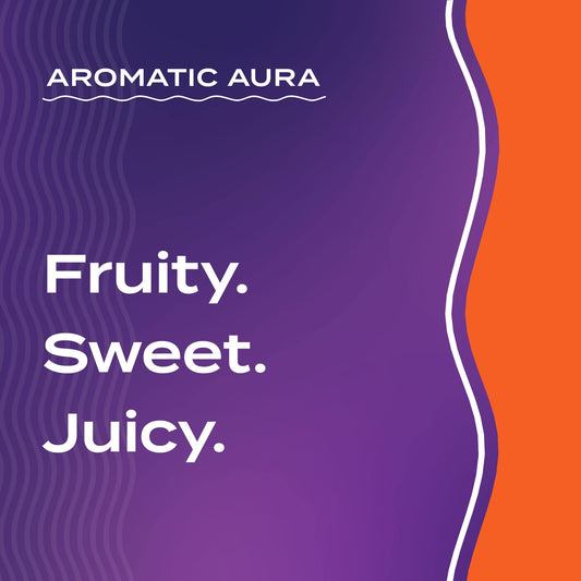 Text graphic depicting the aromatic aroma of Tangerine-Orange: Fruity, Sweet, Energizing.