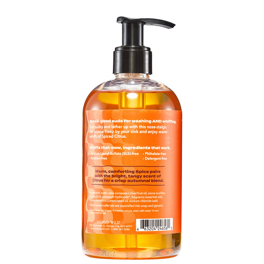 Back of Bottle of Zum Spiced Citrus hand soap on a white background
