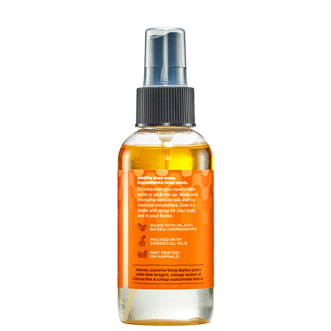 Back of Spiced Citrus Mist in a clear bottle with black spray top cap.