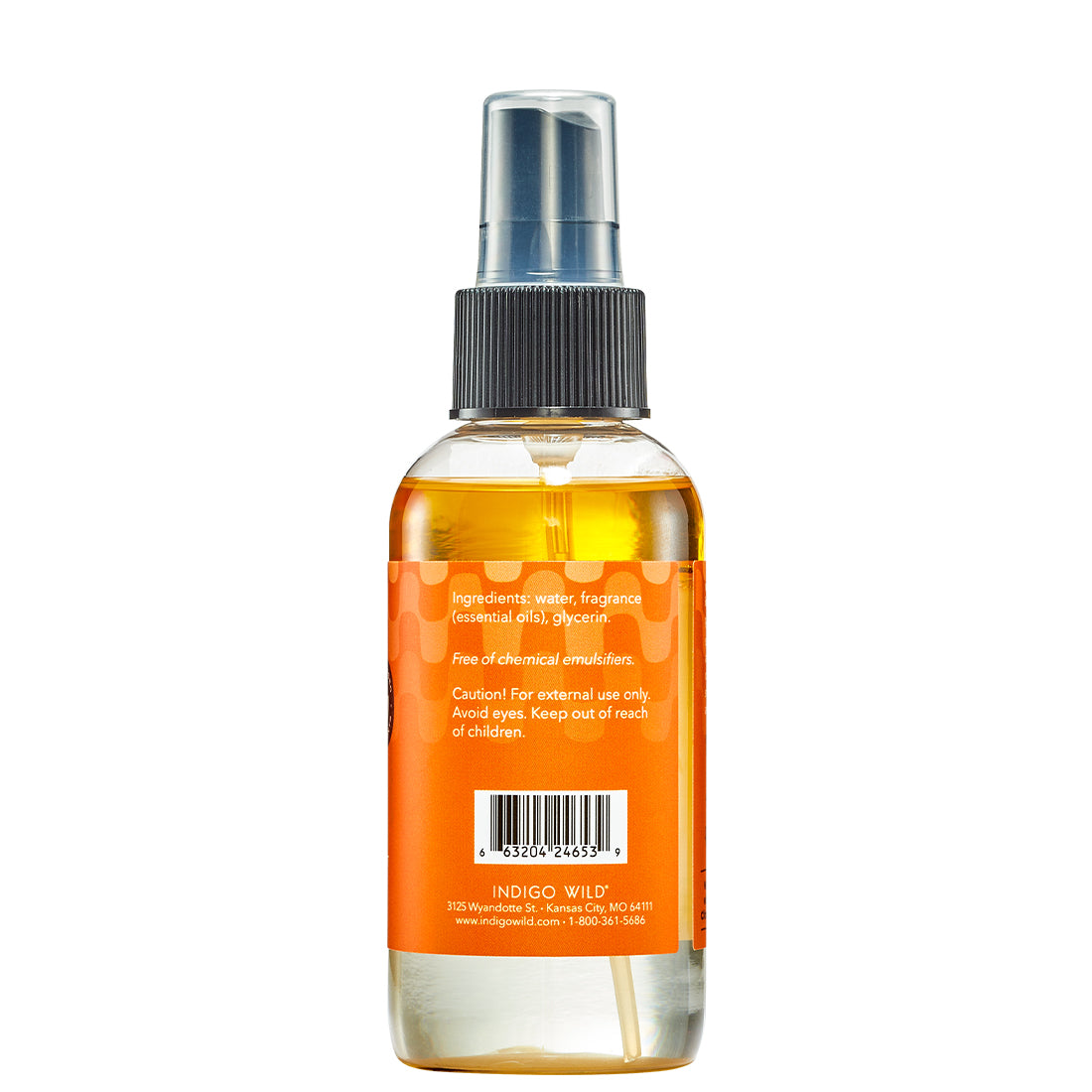 Back of Spiced Citrus Mist in a clear bottle with black spray top cap.