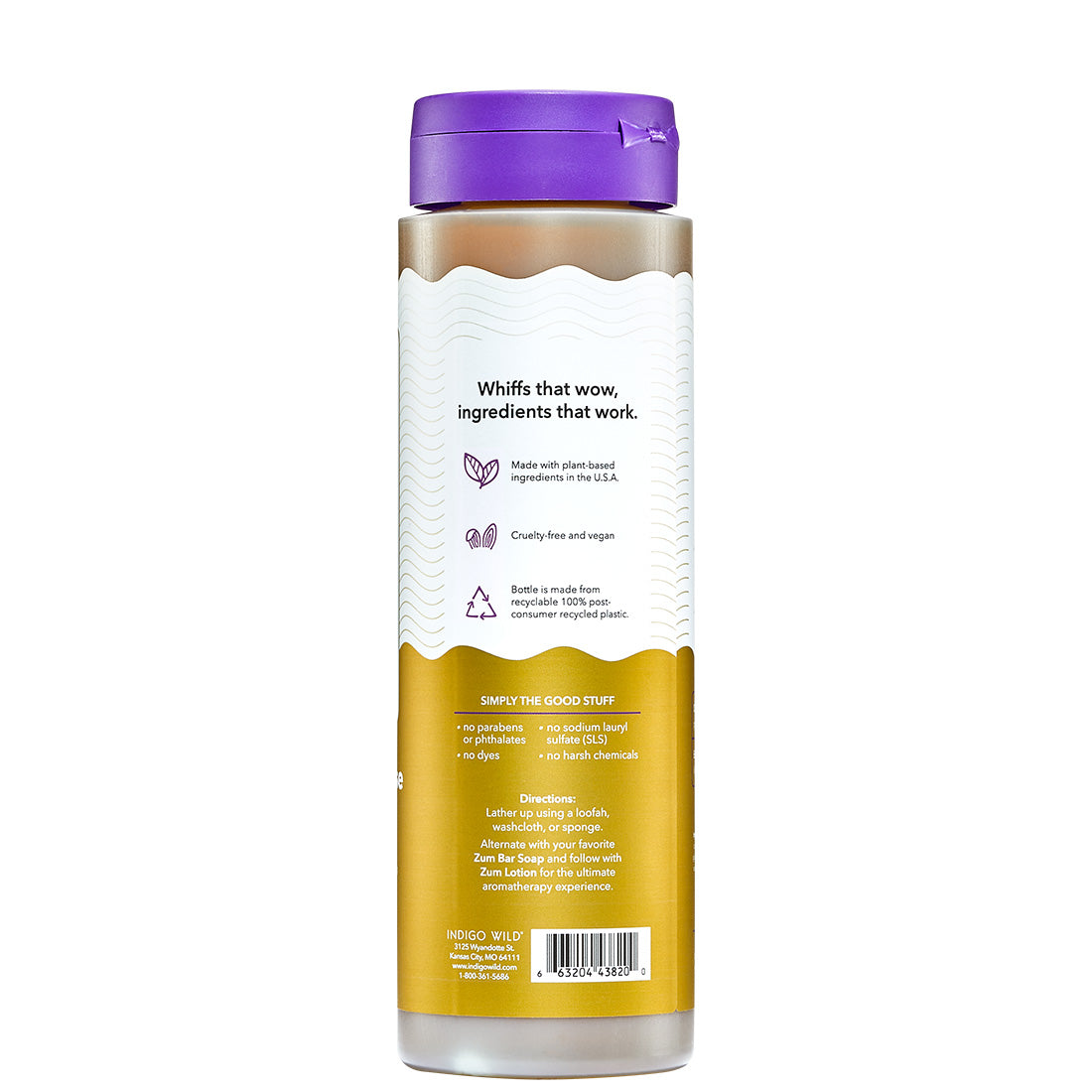 Bottle with a purple cap and white label on a white background