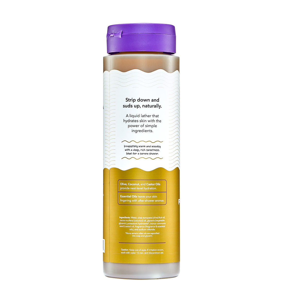 Bottle of liquid soap with a purple cap and yellow label on a white background