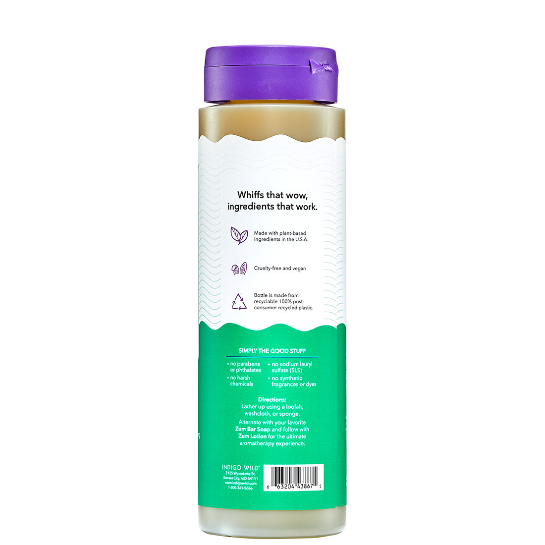 Bottle with a purple cap and green label on a white background