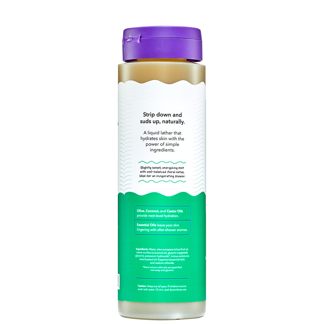 Bottle of liquid soap with a purple cap on a white background