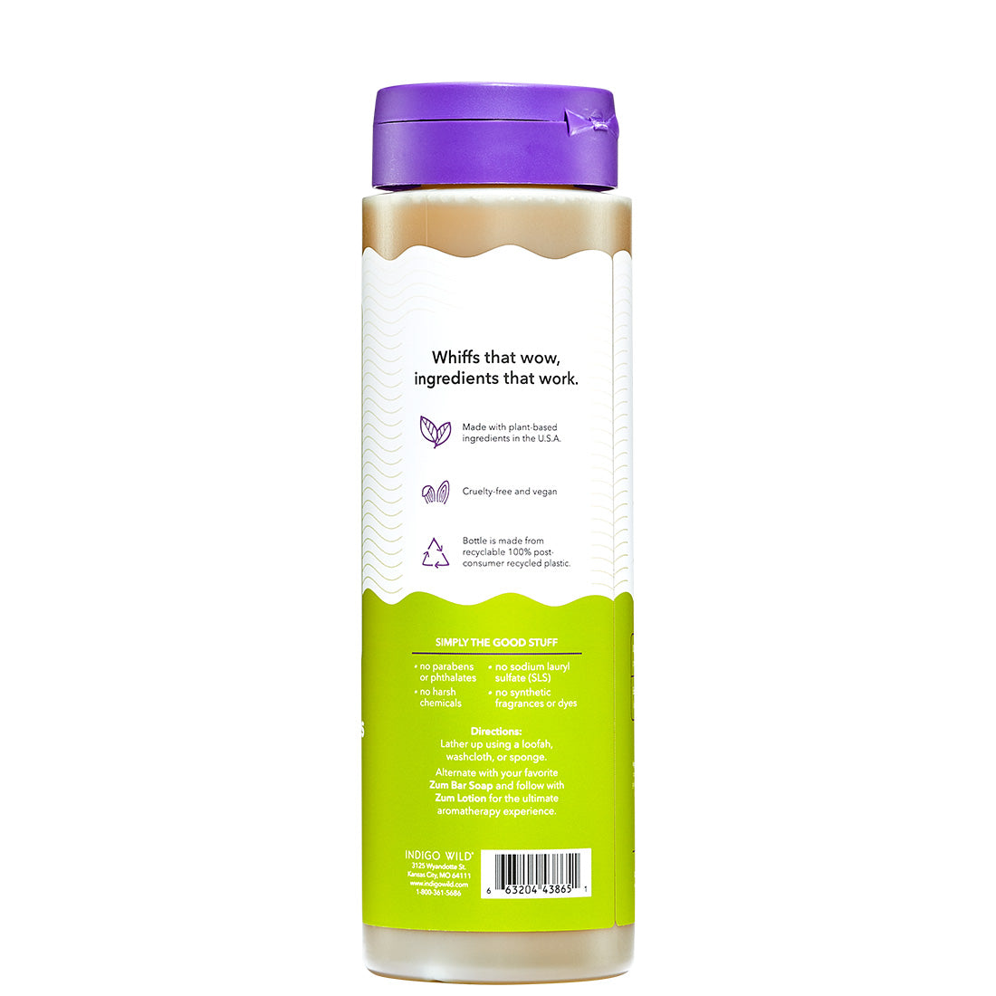 Bottle with a purple cap and green label on a white background