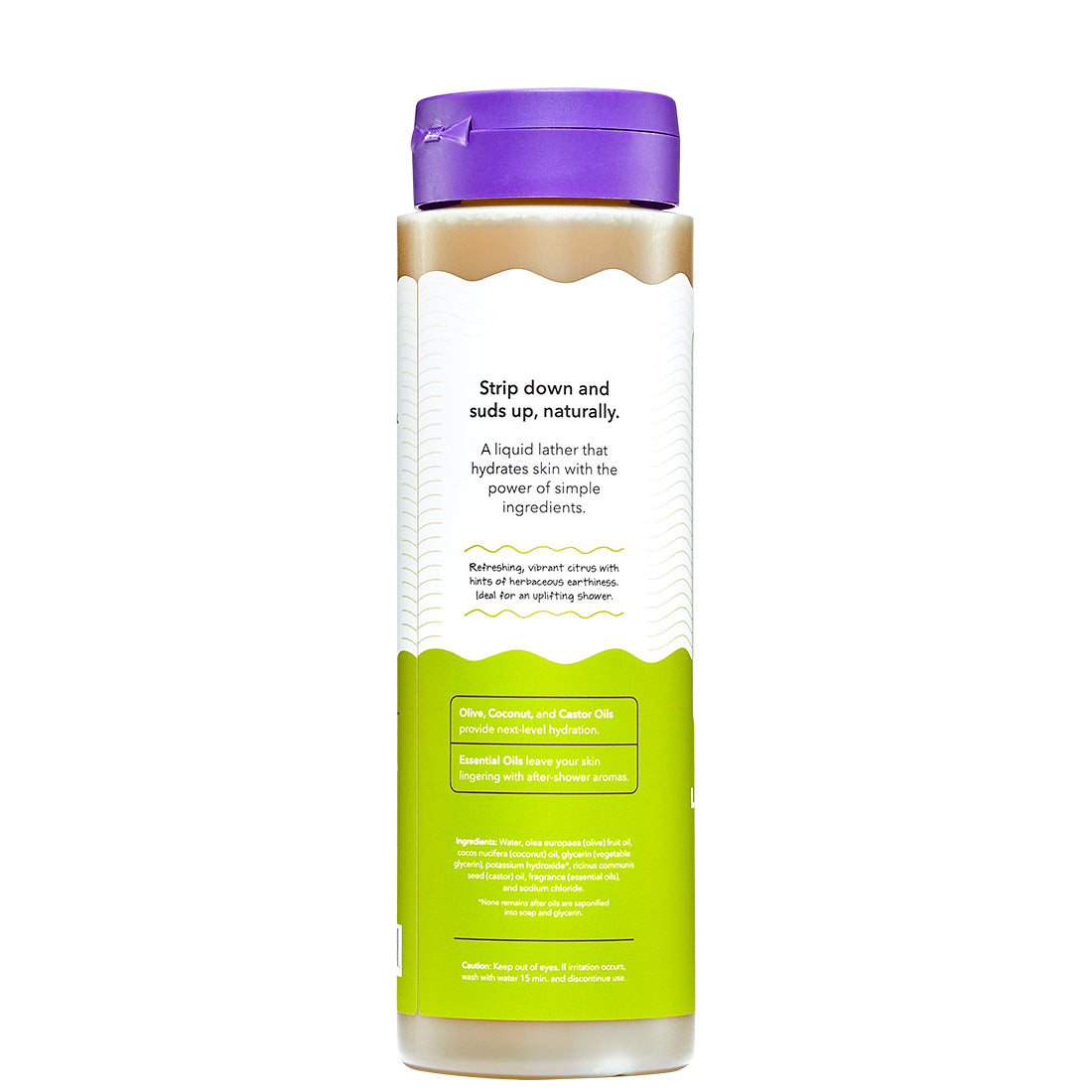 Bottle of liquid soap with a purple cap and green label on a white background